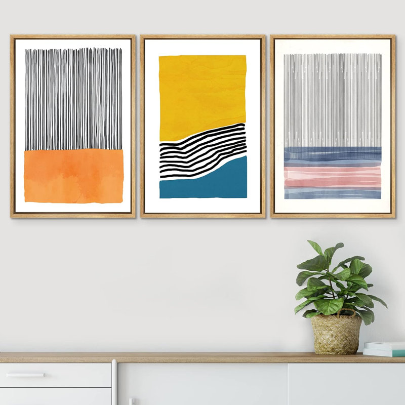 Abstrait, blocs de couleurs vives, orange, jaune, bleu et rose, blocs et lignes encadrés sur toile, impression de 3 pièces