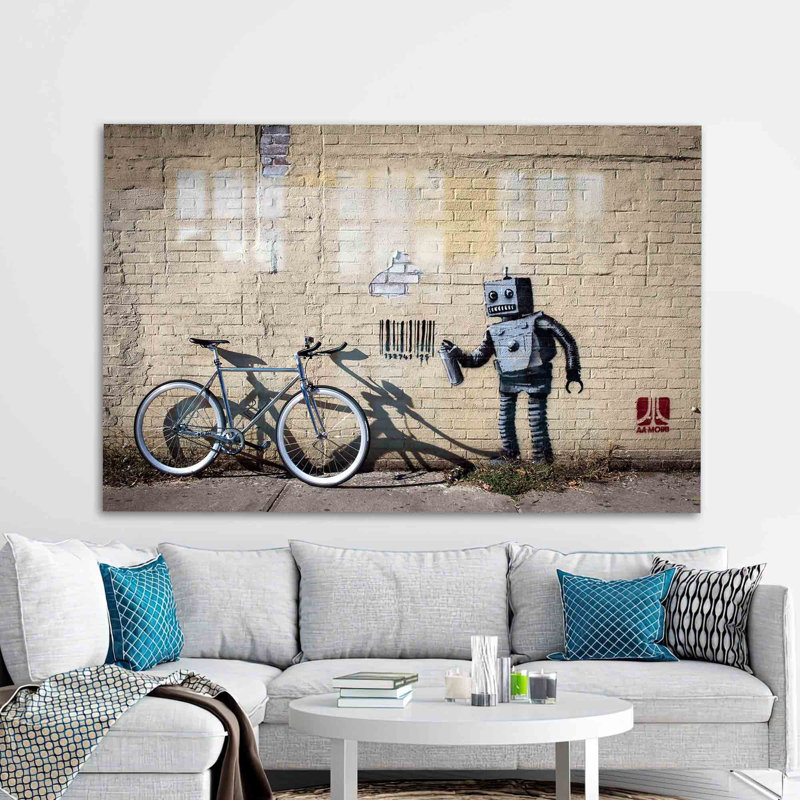 Abstrait art graffiti robot imprimé sur verre pour décoration intérieure contemporaine, H 47,2 po x l 70,9 po