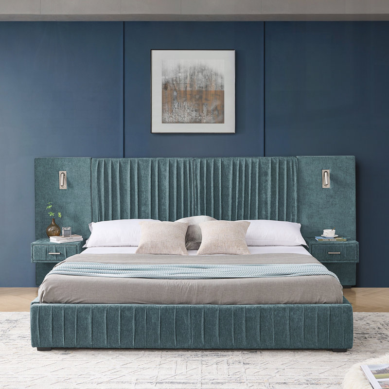 Upholstered Bed Frame With Headboard, King, Blue/Green