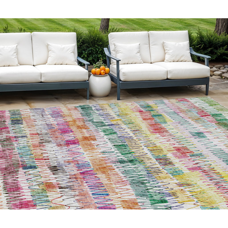 Tapis extérieur lavable rayé vert ivoire et mauve 10 pi x 14 pi