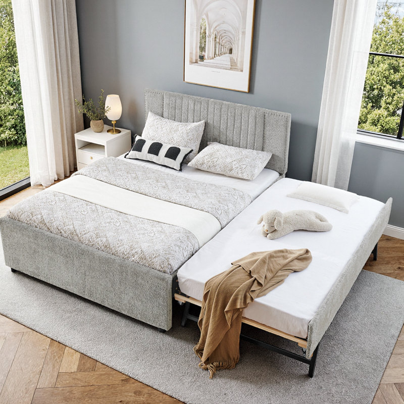 Lit de jour UNANI rembourré avec couchette et tiroirs de rangement, tissu chenille, Full, Grey