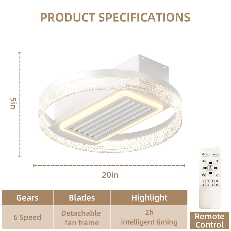 Ventilateur de plafond moderne sans feuille de 20 pouces avec moteur réversible amovible et lavable à télécommande, Blanc