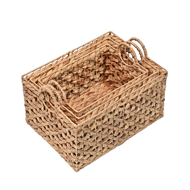 Burruss Bohemian Cottage Woven Hyacinth Rectangular Storage Baskets with Handles (Set of 3), Natural