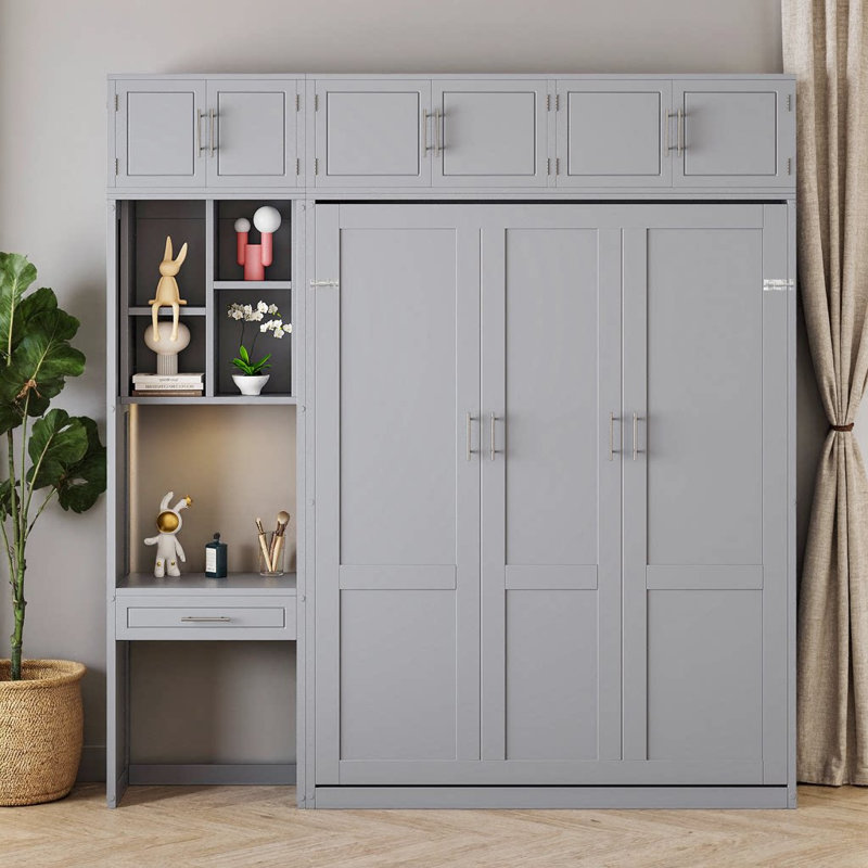 Grand lit escamotable gris avec bureau, armoires supérieures et tablettes - Mobilier pliable peu encombrant, Gris