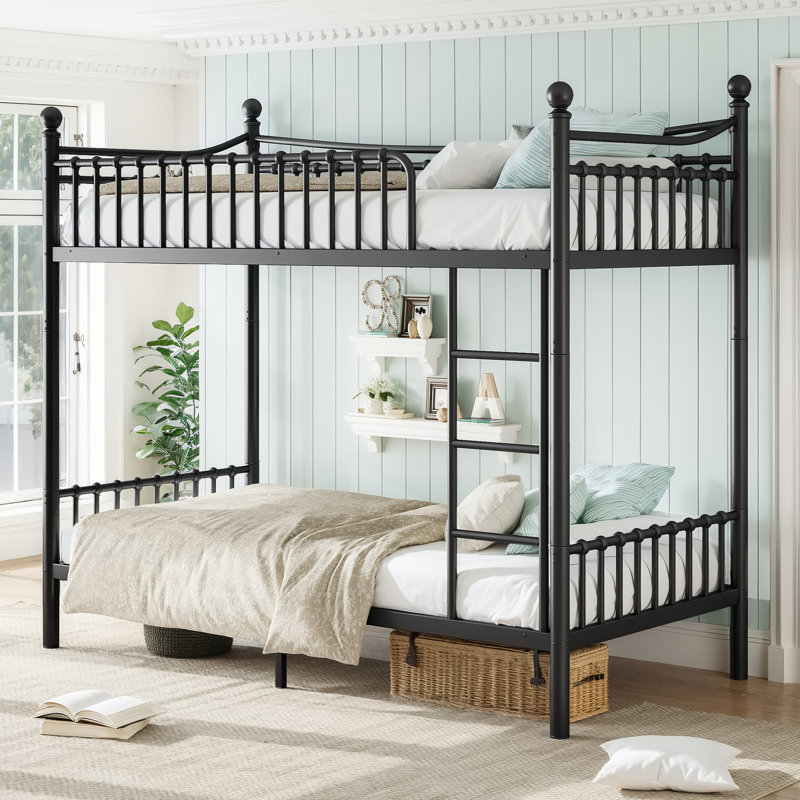 Lits jumeaux XL en métal avec barrière de sécurité incurvée, style industriel moderne, gain de place pour la maison familiale