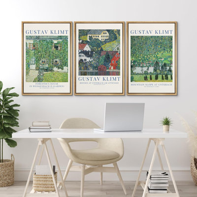 Gustav Klimt Green Garden Forester's Houses Modern Pictures Framed Canvas Print 3 Pieces Wall Art