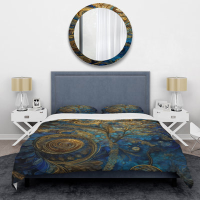 Abstract 4 Pcs Comforter Set - Blue And Gold Melodies Of Boho II Comforter Bedding Set