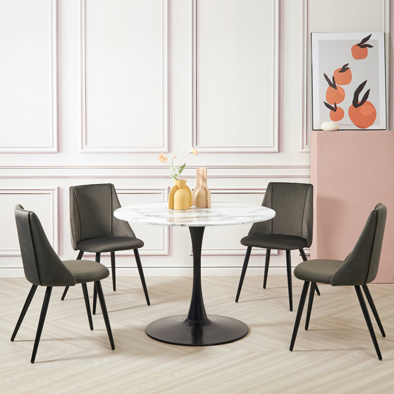 Killion 100 Cm Pedestal Engineered Marble Dining Table, 75" H x 80" W x 80" D, White, Black
