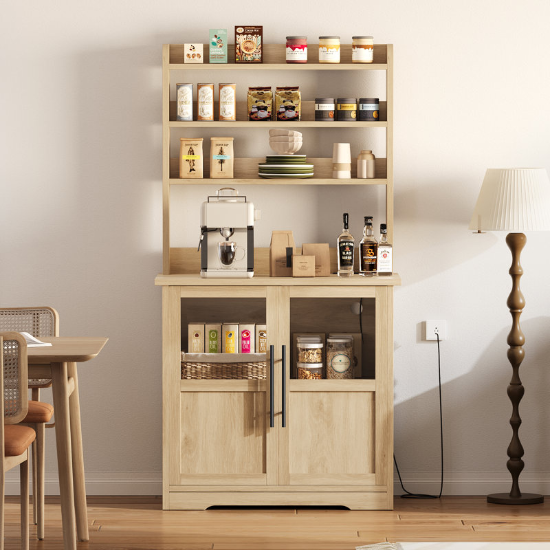 Étagère de boulanger naturelle spacieuse à 6 niveaux avec prise de courant - Huche de garde-manger moderne, plateau de table épais, armoire de rangement, support pour micro-ondes, grande tablette de bar pour la salle à manger