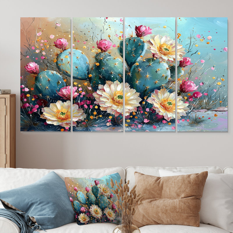 Cactus jaune, vert, beauté - art mural floral cactus - ensemble d'art mural traditionnel, H 28 po x l 48 po, 4