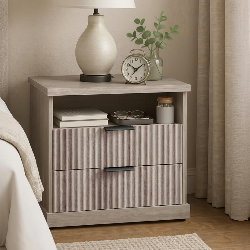 Table de chevet avec station de charge 23,6 po Maxe, table de chevet avec 2 tiroirs, tablette ouverte, transitionnel, Gris