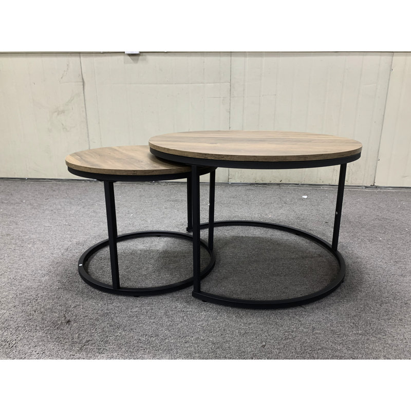 Nesting Coffee Table 2 Pieces, 27.6Inch Round Industrial Wood Style With Solid Metal Base For Living Room Bedroom Lawn (Brown Tables 2Pcs, Look Steady Frame Yard