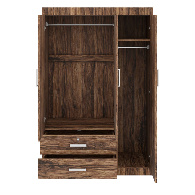 Armoire fonctionnelle à trois portes avec tiroirs de rangement et deux tringles de suspension, Brown