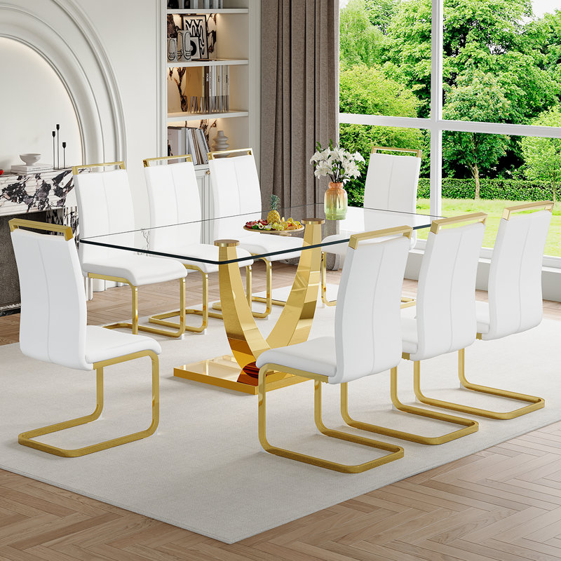 Ensemble de table de salle à manger en verre, 9, Blanc