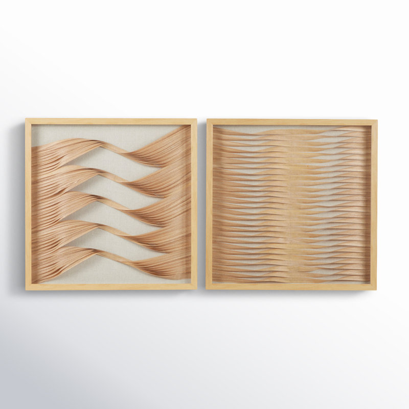 Large Brown Wood and Rattan Shadow Box Wall Art Set