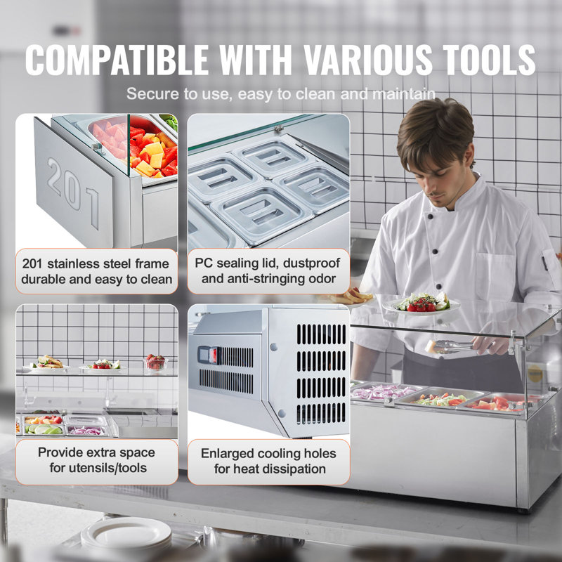 51'' Stainless Steel Refrigerated Condiment Prep Station with Glass Guard