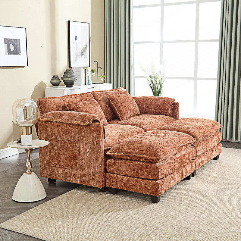 Zuri Upholstered 2-Seater Sectional Sofa with Ottomans, Orange Chenille