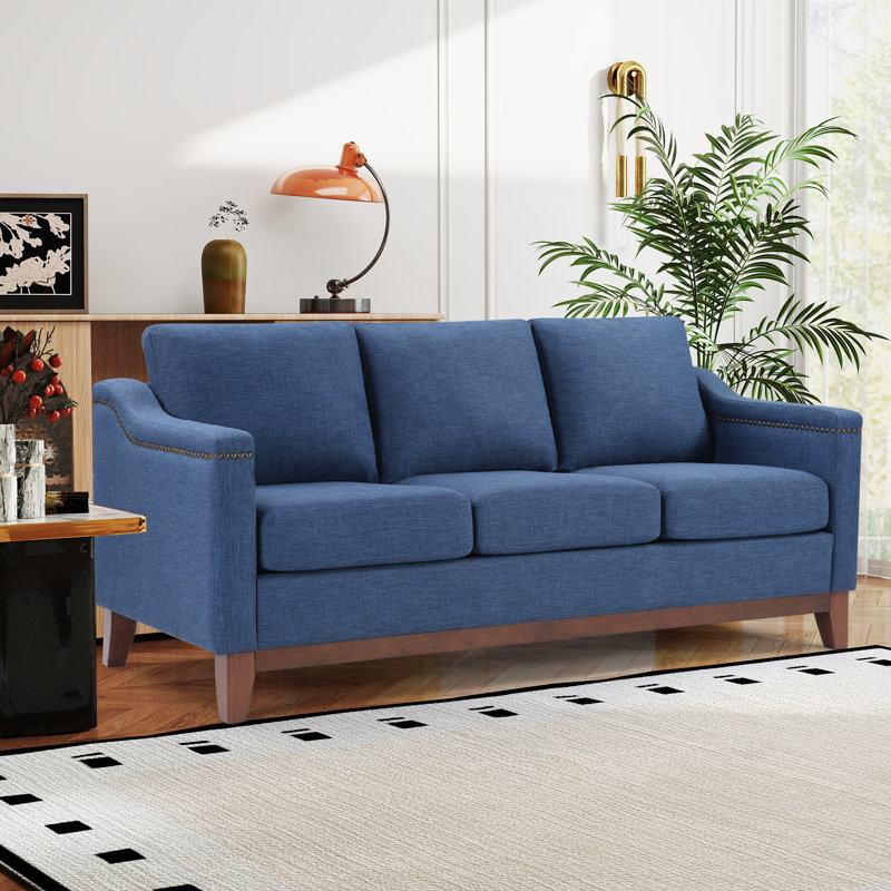 Classic Upholstered Sofa With Nailhead Trim And Wooden Legs, Blue