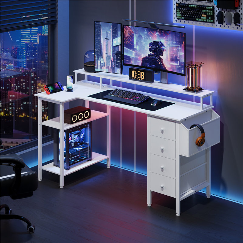L-Shaped Computer Desk with Built-In Electrical Outlet, 140cm L x 68cm W x 87cm H, White