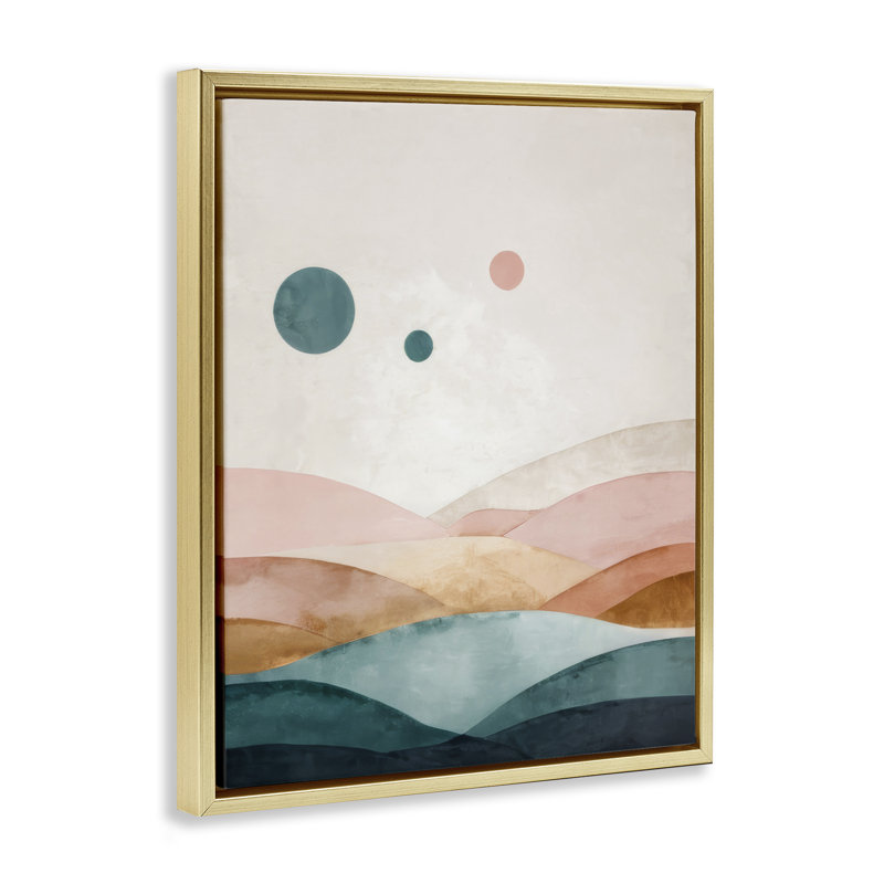 "Spheres Above Desert", art mural par Denise Dundon, H 31 po x l 25 po, Cadre flottant métallique doré