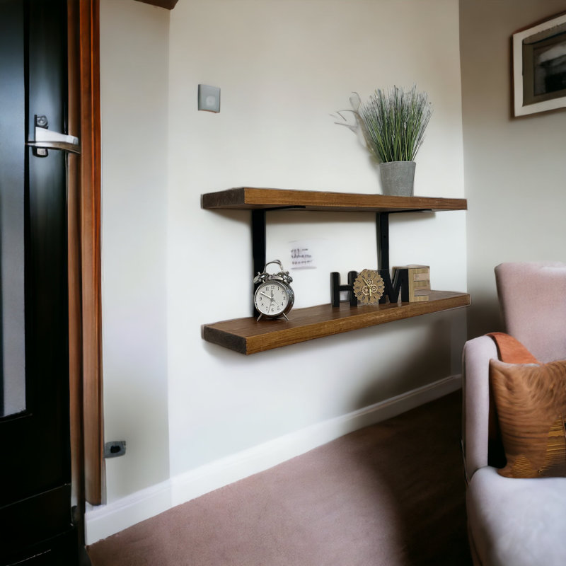 Choudhary Double Rustic Shelves Wall-Mounted Brackets Kitchen Decor, Rustic Pinewood, 30cm H x 75cm W x 10cm D