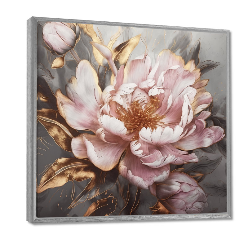 «Pink Gold Pe pivoens Petals» - reproduction d'art sur toile encadrée, H 24 po x l 24 po, Reproduction avec cadre flottant
