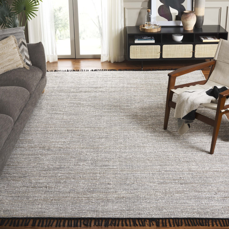 Abir Hand Woven Denim/Cotton Rug in Ivory/Black, Rectangle 8' x 10'