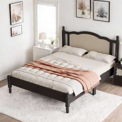 Bohemian Wooden Platform Bed With Natural Rattan Headboard And Arc Design