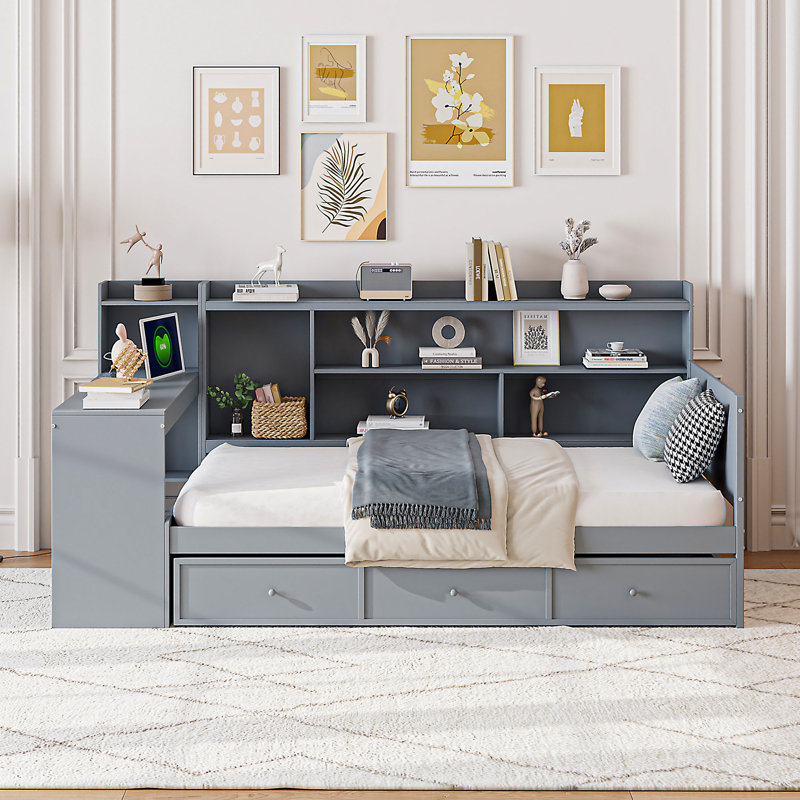 Lit de jour simple en bois avec 3 tiroirs, ports USB et bureau, gris