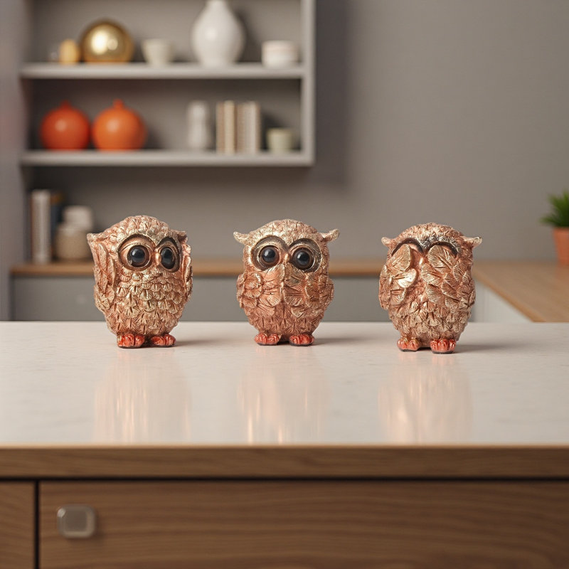 Ensemble de 3 sculptures hibou, Brun