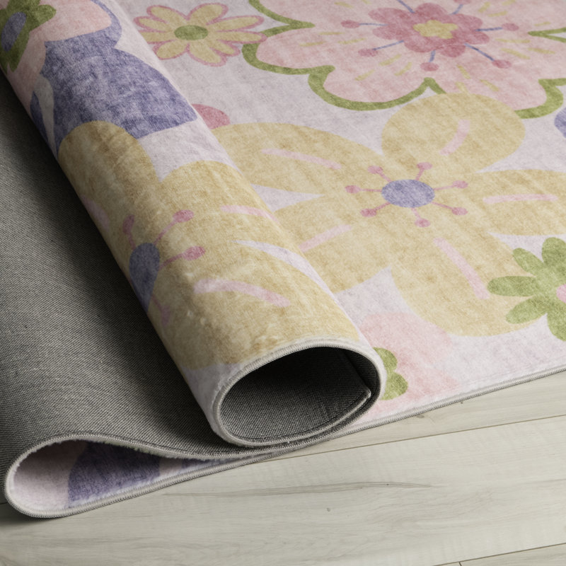 Rug Branch Bloom 7' x 10' (6'7" x 9'6") Pink/Purple Floral Kids Area Rug, Contemporary, Medium Pile, Stain-Resistant Carpet - Playroom, Nursery, Toy Room and Bedroom