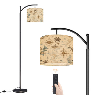 Lampe sur pied à arc avec abat-jour réglable, carte tropicale rétro, plage, palmiers, boussole, rose, voiliers, lampe haute, 3 couleurs, à intensité variable, avec télécommande