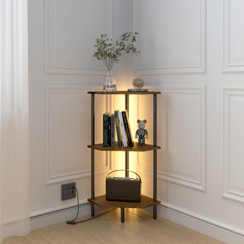 3 Tier Corner Shelf With LED Light,Bookcase For Small Spaces