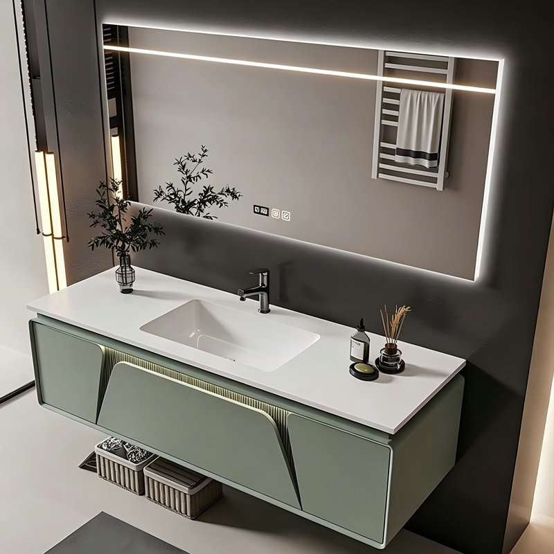 Meuble-lavabo en céramique sans joint, style pierre frittée, couleur sauge fumée, avec 1 tiroir et 2 portes et miroir intelligent.