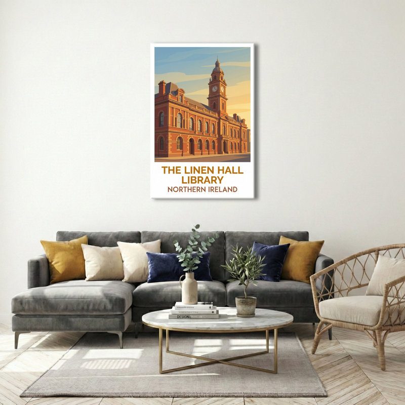 The Linen Hall Library, Northern Ireland - Sunlit Travel Poster Of An Iconic Historic Library. Giclee Print On Wrapped Canvas. Wall Art, Home Decor - Iconic Buildings & Architecture, Northern Ireland - Wrapped Canvas Print