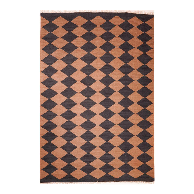 Tapis Zayas tissés à plat en laine Kilim écologique - 152 x 244 cm, rectangulaire, couleur anthracite, design contemporain, tapis à poils courts faits main pour salon, chambre