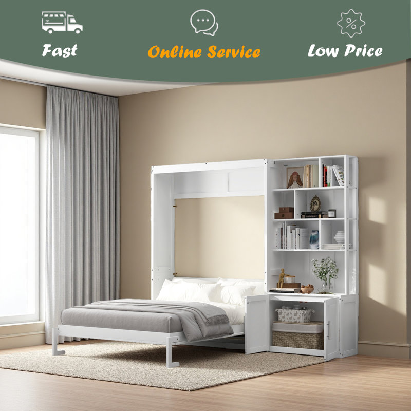 Lit escamotable double avec plusieurs tablettes de rangement et une armoire