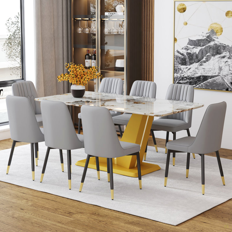 Ensemble de table et de chaises. Ensemble de table de salle à manger en verre trempé blanc à motif Pandora - 8 chaises en polyuréthane gris clair.