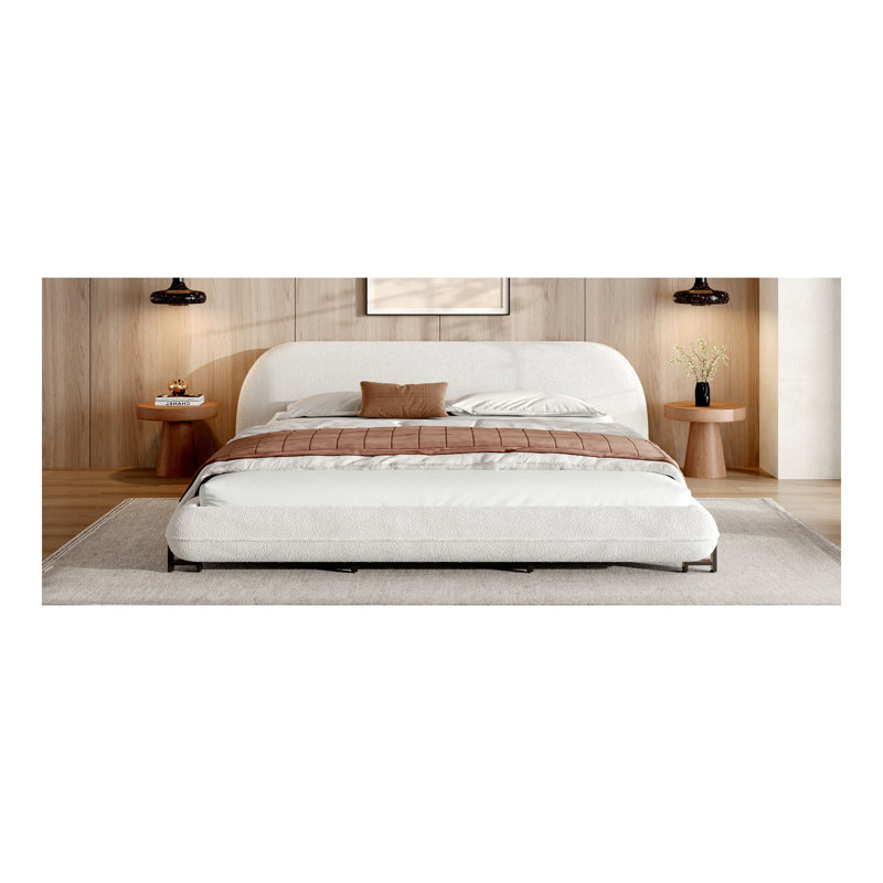Très grand cadre de lit très grand avec tissu bouclé, lit plateforme tapissier au design incurvé et tête de lit épaisse, blanc