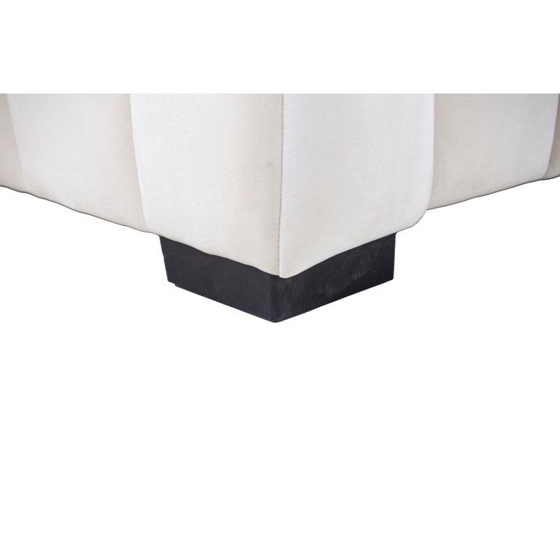 Canapé modulaire en forme de L, revêtement en velours capitonné profond, méridienne droite, beige