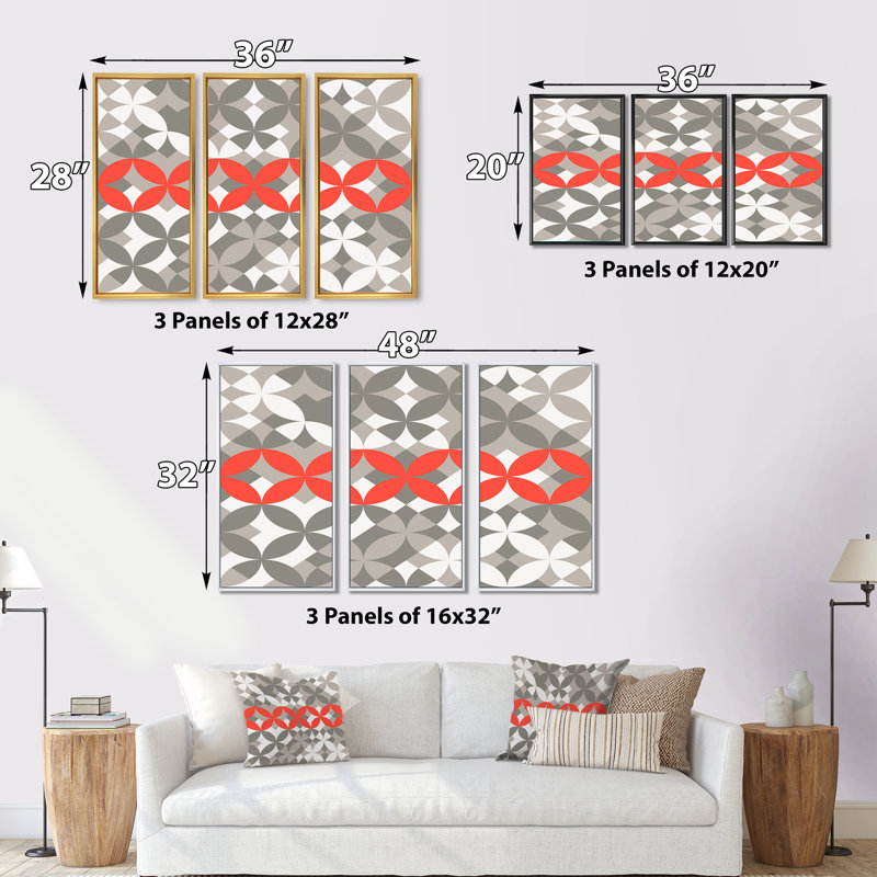 Fleur rouge sur fond gris et blanc - ensemble de 3 toiles encadrées, H 32 po x l 48 po x P 1 po, Blanc