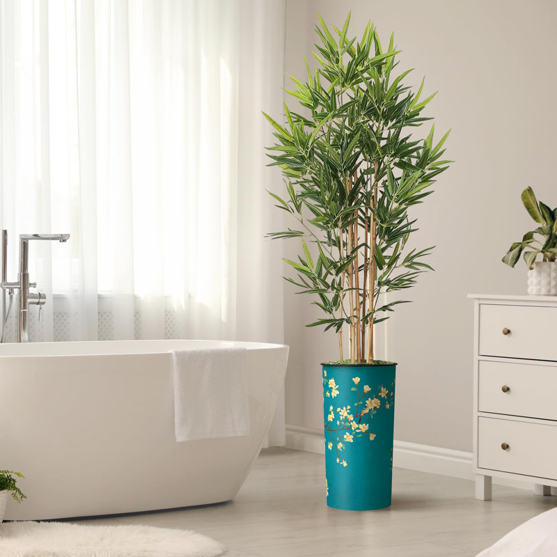 Artificial Tree in Black White Wood Tree Rings Pattern Planter Fake Bamboo Silk Tree, Floral Blue