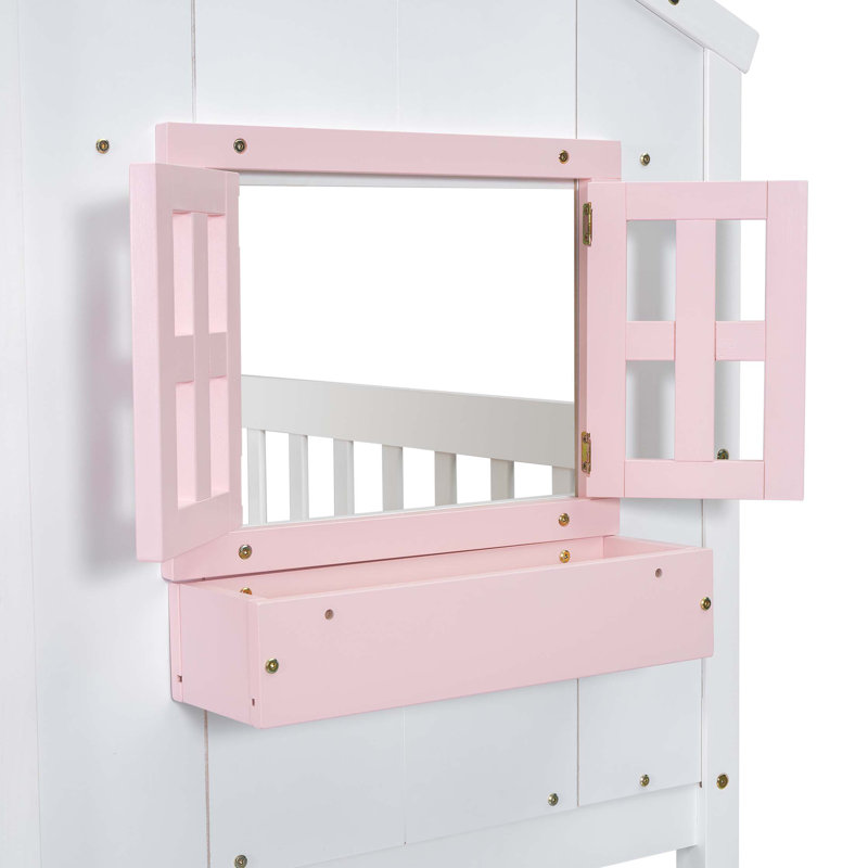 Lit superposé simple au dessus d'un lit simple avec toit, fenêtre, boîte de fenêtre, porte, avec garde-corps et échelle, rose / blanc