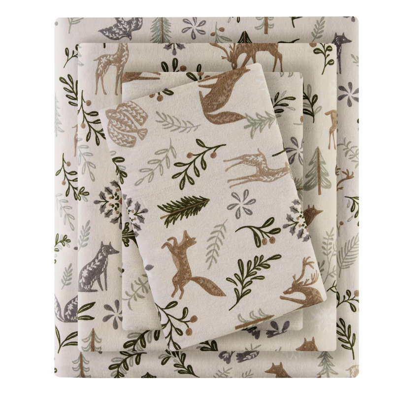 Très grand drap de 4 pièces imprimé en flanelle d'hiver 100% coton et nuit chaude, comprenant des draps-housses, 2 taies d'oreiller, lavable à la machine, confortable,