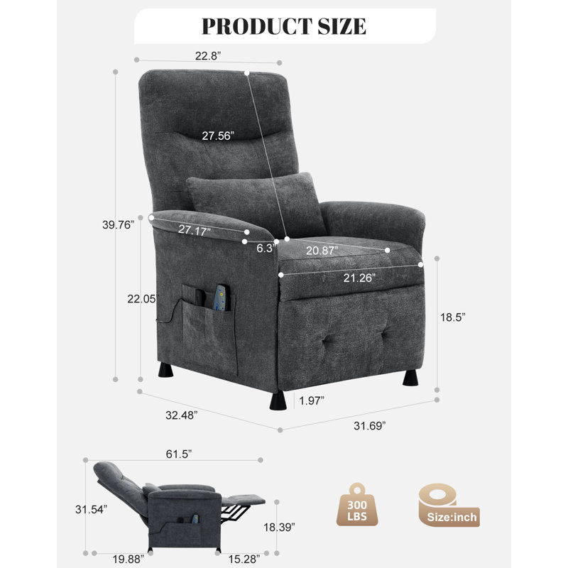  32“Wide Electric Recliner with Heating and Massage Functions Recliner Chair for Living Room & Home Theater Seating