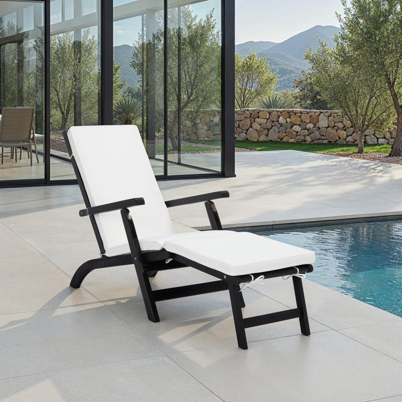 Barksdale Outdoor Acacia Wood Chaise Lounge , Cushion Included, Black Frame/Beige Cushion
