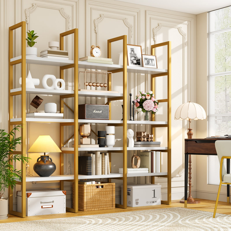 5 Tiers Large Bookshelf, 71 Inches Tall Triple Wide Geometric Bookcase, Industrial Book Shelves Etagere Book Case, Sturdy Metal Frame, Freestanding Display Shelving Unit, Gold and White