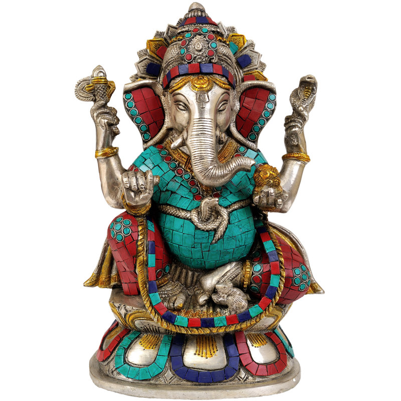 Handmade 11" Brass Bhagawan Ganesha Sculpture – Lotus Seated, Intricate Inlay Work, Divine Hindu Deity Idol for Home Temple & Premium Décor