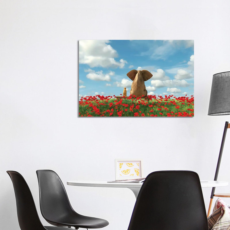Elephant And Dog Sit On A Red Poppy Field by Mike Kiev - Wrapped Canvas Gallery-Wrapped Canvas Giclée