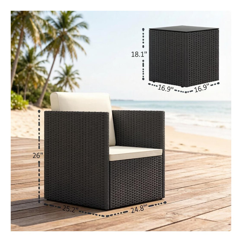 3-Piece Folding Outdoor Bistro Set with Rattan Table and Chairs, Black and White